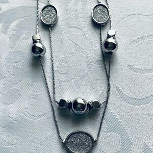 Illusion Double layered Silver 38” sparkling silver druzy Necklace